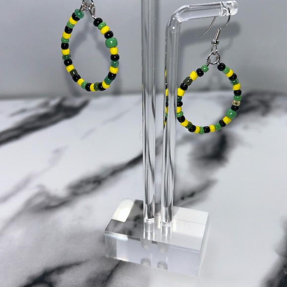 Vibrant Jamaican Beaded Hoop Earrings - Black, Yellow, Green - Picture 3 of 3